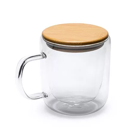 Taza INDALTaza de doble pared realizada en cristal borosilicato con tapa de bambú. Capacidad 280 ml.